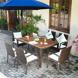 Tangkula 7PCS Patio Dining Set, Acacia Wood Wicker Dining Furniture Set with Sturdy Steel Frame & Umbrella Hole, Outdoor Dining Table Chair Set with Removable Cushions for Backyard, Garden, Poolside