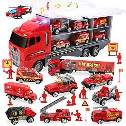 CUTE STONE 28 in 1 Fire Trucks Push and Go Car Carrier Truck Toy, Play Vehicles with Sounds and Lights, 10 Mini Diecast Trucks Included