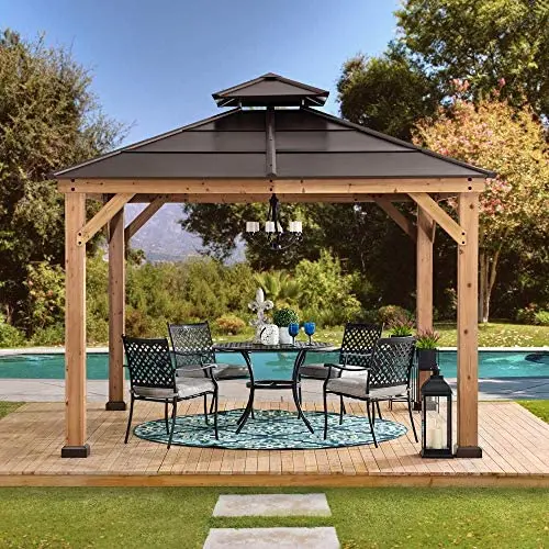 Sunjoy A102008500 Chapman 10x10 ft. Cedar Framed Gazebo with Steel 2-Tier Hip Roof Hardtop, Brown Sunjoy A102008500 Chapman 10x10 ft. Cedar Framed Gazebo with Steel 2-Tier Hip Roof Hardtop, Brown