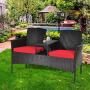 Tangkula Outdoor Rattan Loveseat, Patio Conversation Set with Cushions & Table, Modern Patio Furniture Set Wicker Sofa Set with Built-in Coffee Table, Rattan Sofas for Garden Lawn Backyard
