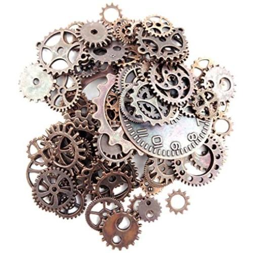 Fireboomoon 100 Gram (Approx 80pcs) Assorted Antique Steampunk Gears Charms Pendant Clock Watch Wheel Gear for Crafting, Jewelry Making Accessory (Copper)