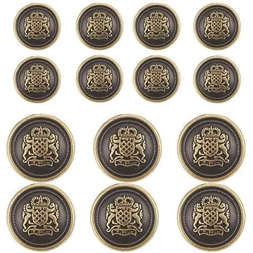 14 Piece Antiqued Bronze Metal Blazer Button Set - Crown Lion- for Blazer, Suits, Sport Coat, Uniform, Jacket 15mm 21mm