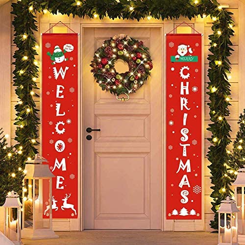 BeauFlw Merry Christmas Banners,Christmas Decorations,Front Door Welcome Christmas Porch Sign Banners for Home Wall Indoor Outdoor Holiday Party Decor (2 Pieces)