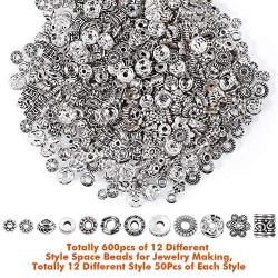 Paxcoo 600pcs 12 Style Silver Spacer Beads Jewelry Bead Charm Spacers for Jewelry Making Bracelets Necklace