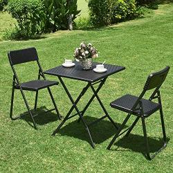 Aneken Patio Bistro Set 3 Piece, Rattan Outdoor Folding Bistro Sets of Table and Chairs, Foldable Bistro Balcony Furniture Set, Black