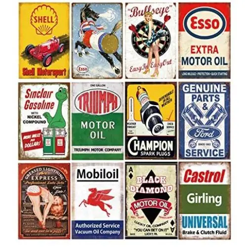 12 Pieces Gas and Oil Tin Signs, Retro Vintage Metal Sign for Home Man Cave Garage, 8x12 Inch/20x30cm