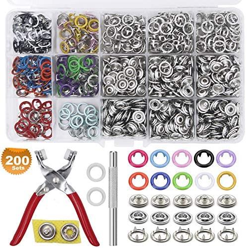 ZTWEDEN 200 Sets Metal Snaps Button Tool Kit Snap Fasteners Hollow Prong Snap Button with Setting Tool for Clothing Crafting Sewing,Leather Snaps Buttons for Jeans Wears Bags(10 Colors,9.5mm)