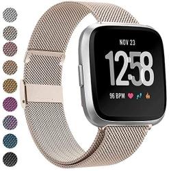 MEFEO Compatible with Fitbit Versa Bands, Stainless Steel Metal Band Mesh Bracelet with Strong Magnet Lock Wristbands Replacement for Fitbit Versa/Versa 2/Versa Lite/SE (Champagne Gold, Small)