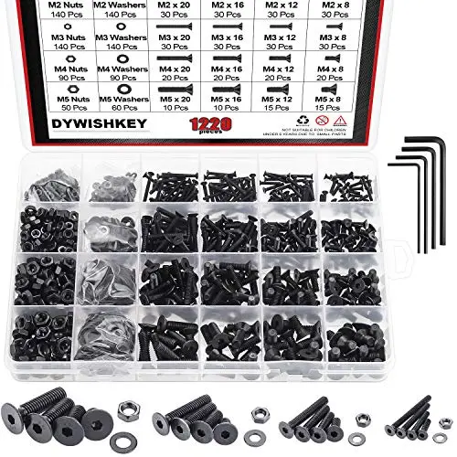 DYWISHKEY 1220 Pieces M2 M3 M4 M5, 10.9 Grade Alloy Steel Hex Flat Head Cap Bolts Nuts Washers Assortment Kit with Hex Wrenches DYWISHKEY 1220 Pieces M2 M3 M4 M5, 10.9 Grade Alloy Steel Hex Flat Head Cap Bolts Nuts Washers Assortment Kit with Hex Wrenches
