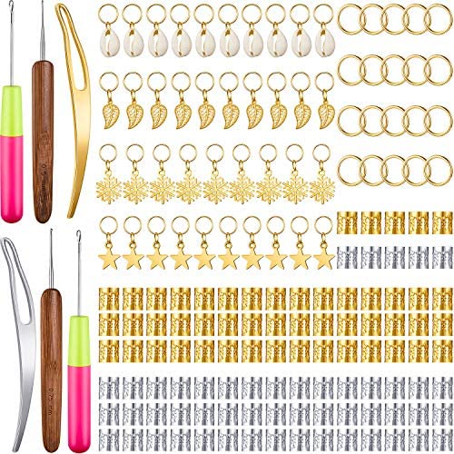 166 Pieces Crochet Hair Tools Kit, Latch Hook Crochet Needle Dreadlock Crochet Hook Dreadlocks Hair Locking Tool Braiding Beads Metal Cuffs for Crochet Braiding Hair Decoration