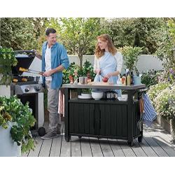 Keter Unity XL Portable Outdoor Table and Storage Cabinet with Hooks for Grill Accessories-Stainless Steel Top for Patio Kitchen Island or Bar Cart, Dark Grey