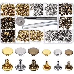 Leather Rivets Double Cap Rivet Tubular Metal Studs 2 Sizes with 3 Fixing Tool Kit for Leather Craft Repairs Decoration (Gold, Silver and Bronze,180 Set)