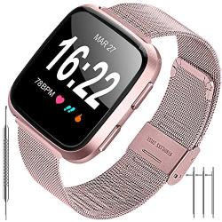 BibGram Bands Metal Rose Pink Women Compatible for Fitbit Versa/Versa 2/Versa Lite/Versa SE Replacement Women Men Stainless Steel