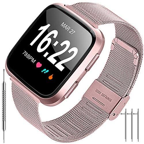 BibGram Bands Metal Rose Pink Women Compatible for Fitbit Versa/Versa 2/Versa Lite/Versa SE Replacement Women Men Stainless Steel