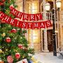 Whaline Merry Christmas Canvas Banners, Red Christmas Bunting Garland, Hanging Xmas Decorations for Fireplace Wall (13ft in Total)