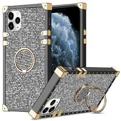 Wollony for iPhone 11 Pro Max Case with Kickstand Ring Holder Square Edge for Hippie Women Retro Bling Soft Protective Metal Reinforced Corners Shockproof Cover for iPhone 11 Pro Max 6.5inch Diamond