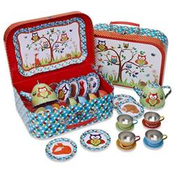 Lucy Locket Woodland Animals Metal Tea Set & Carry Case Toy (14 Piece Tea Set for Children) Red, Blue, Green Tea Set Toy