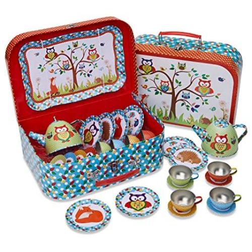 Lucy Locket Woodland Animals Metal Tea Set & Carry Case Toy (14 Piece Tea Set for Children) Red, Blue, Green Tea Set Toy