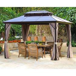 Erommy 10x13ft Outdoor Double Roof Hardtop Gazebo Canopy Aluminum Furniture Pergolas with Netting and Curtains for Garden,Patio,Lawns,Parties