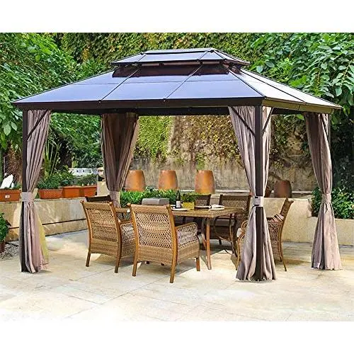 Erommy 10x13ft Outdoor Double Roof Hardtop Gazebo Canopy Aluminum Furniture Pergolas with Netting and Curtains for Garden,Patio,Lawns,Parties Erommy 10x13ft Outdoor Double Roof Hardtop Gazebo Canopy Aluminum Furniture Pergolas with Netting and Curtains for Garden,Patio,Lawns,Parties