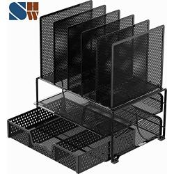 SimpleHouseware Mesh Desk Organizer with Sliding Drawer, Double Tray and 5 Upright Sections, Black