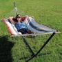 Sunnydaze Cotton Rope Freestanding Hammock with 12 Foot Portable Steel Stand and Spreader Bar, Pad and Pillow Included, Modern Lines