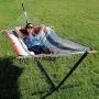 Sunnydaze Cotton Rope Freestanding Hammock with 12 Foot Portable Steel Stand and Spreader Bar, Pad and Pillow Included, Modern Lines