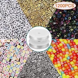 AIEX 1200 Pieces 6 Colors Letter Beads 6 x 6mm Acrylic Alphabet Letter Beads with 2 Roll Crystal Elastic String Cord for DIY Jewelry Bracelet Necklace Making