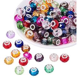 PH Pandahall 100pcs 14mm Glass European Beads with Plating Silver Double Cores Mixed Color Faceted Rondelle Beads Large Hole Beads for Jewelry Making, Hole: 5.5mm