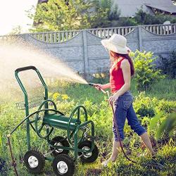 Heavy Duty Garden Water Hose Reel Cart- 300 Ft Liberty Water Hose Storage Reel Cart - 5/8 in X 6 Ft Water Hose w/4 Wheels & Storage Basket -Outdoor Metal Hose Reel System for Garden Yard Water Plant