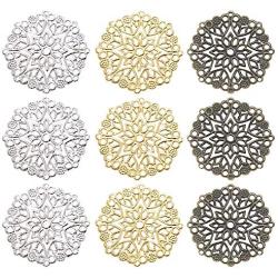 FASHEWELRY 60Pcs Filigree Flower Charm Links 35.5mm Assorted 3 Colors Large Flat Round Metal Pendant Connectors for Jewelry Making