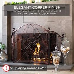 Best Choice Products 3-Panel 55x33in Solid Wrought Iron See-Through Metal Fireplace Screen, Spark Guard Safety Protector w/Decorative Scroll - Pewter