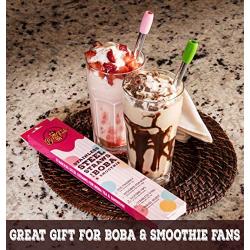 BOBA FIDE 9.4” & 8.5” Stainless Steel Boba & Smoothie Straws + Safety Silicone Tips & Brushes in 2 Travel Cases, Angled Tip Extra Wide Bubble Tea Milkshake Straws, 4 Reusable Metal Straws