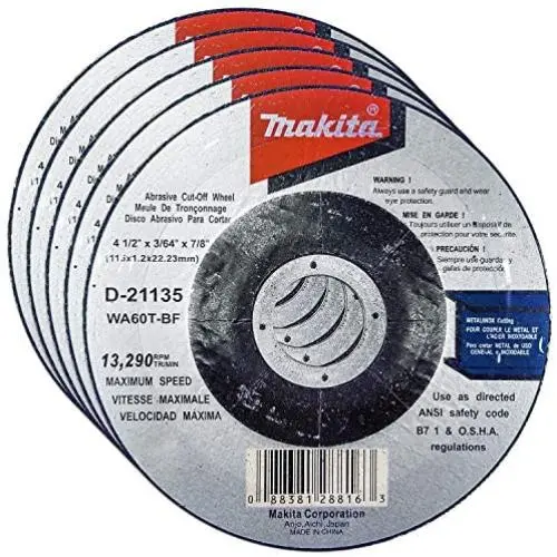 Makita 5 Pack - 4.5'' Cut Off Wheels For Grinders - Flush Cutting For Stainless Steel & Metal - 4-1/2'' x .045 x 7/8-Inch Makita 5 Pack - 4.5'' Cut Off Wheels For Grinders - Flush Cutting For Stainless Steel & Metal - 4-1/2'' x .045 x 7/8-Inch