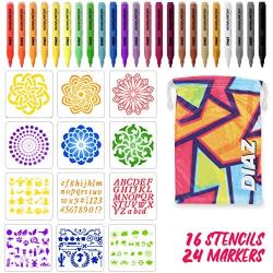 Diaz Dynamics Acrylic Paint Pens with Stencils, Carry Case and E-Book, 24 Medium Tip Pens