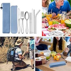 LIANYU 9-Piece Travel Utensils Silverware Set, Stainless Steel Knife Fork Spoon, Chopsticks, Metal Straws, Cleaning Brush, Blue Case and Bag