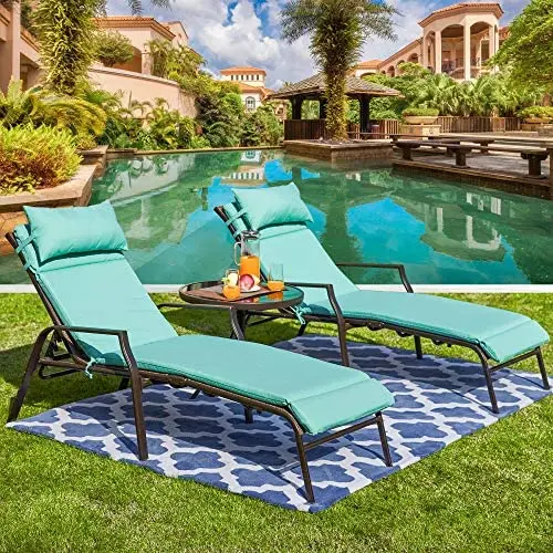 LOKATSE HOME 3 Pieces Outdoor Patio Chaise Lounges Chairs Set Adjustable with Folding Table, Light Blue Cushions LOKATSE HOME 3 Pieces Outdoor Patio Chaise Lounges Chairs Set Adjustable with Folding Table, Light Blue Cushions