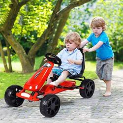 Costzon Go Kart, 4 Wheel Powered Ride On Toy, Kids Pedal Cars for Outdoor, Racer Pedal Car with Clutch, Brake, EVA Rubber Tires, Adjustable Seat (Red Go Kart)