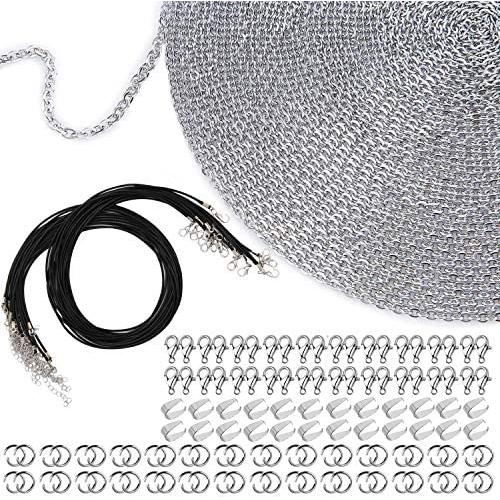 EuTengHao Necklace Jewelry Chain 40 Feet Kit with 100 Jump Rings and 30 Lobster Clasps 5 Waxed Necklace Cords 1.5mm Stainless Steel Silver Plated Jewelry Chain for Jewelry Bracelet Making Repair