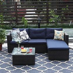 PHI VILLA Patio Sectional Wicker Rattan Small Outdoor Furniture Sofa Set with Upgrade Rattan (3 Piece,Blue)