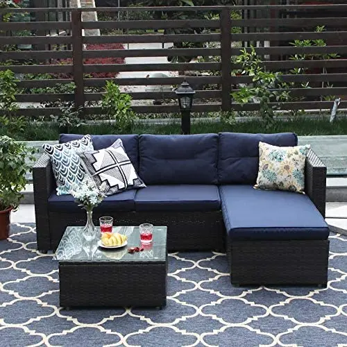 PHI VILLA Patio Sectional Wicker Rattan Small Outdoor Furniture Sofa Set with Upgrade Rattan (3 Piece,Blue) PHI VILLA Patio Sectional Wicker Rattan Small Outdoor Furniture Sofa Set with Upgrade Rattan (3 Piece,Blue)