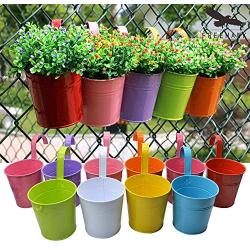 Hanging Flower Pots (10pcs), Balcony Garden Plant Planter Metal Iron Mini Flower Seedlings Brigade Fence Bucket Pots Hanger Planter for Home Decor