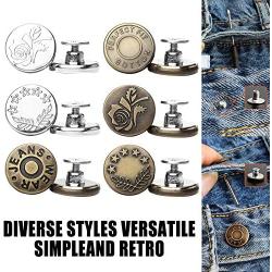 Jean Buttons Replacement No Sew Needed, 6 pcs Perfect Fit Instant Button to Extend or Reduce 1'' to Denim Pants Corduroy Skirt Skinny Jeans Jeggings, Easy Clip Snap Tack Metal Button in 6 Designs