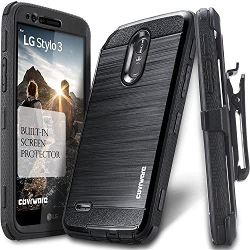 COVRWARE Iron Tank case Compatible with LG Stylo 3 / Stylo 3 PLUS with Built-in Screen Protector Heavy Duty Full-Body Rugged Holster Armor Cover Brushed Metal Texture design Belt Clip Kickstand, Black