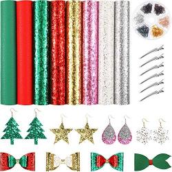 8 Pieces Christmas Shining Faux Leather Sheets Metallic Glitter Leather Fabric Sheets with 120 Pieces Earring Hooks, 120 Pieces Jump Earrings, 6 Pieces Hair Clips for Christmas Theme Earrings and Hair