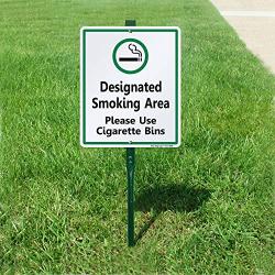 SmartSign Designated Smoking Area Sign with Stake, Please Use Cigarette Bins Sign for Yard, 10x12 Aluminum Metal Sign with 3 Feet Stake, Easy Installation, Weather Resistant, Made in USA