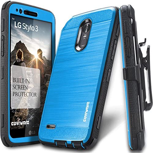 COVRWARE Iron Tank case Compatible with LG Stylo 3 / Stylo 3 Plus with Built-in Screen Protector Heavy Duty Full-Body Rugged Holster Armor Cover Brushed Metal Texture Design Belt Clip Kickstand, Blue