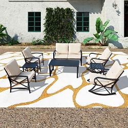 PatioFestival Cushioned Metal Outdoor Conversation Sets,8 PCs All Weather Padded Furniture Sectional Sofa Sets w/Loveseat,Rocking Chairs,Coffee Table for Yards,Gardens,Porches (8 PCS-1, Khaki)