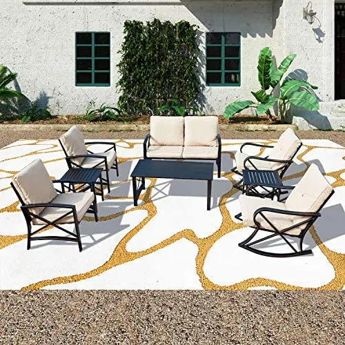 PatioFestival Cushioned Metal Outdoor Conversation Sets,8 PCs All Weather Padded Furniture Sectional Sofa Sets w/Loveseat,Rocking Chairs,Coffee Table for Yards,Gardens,Porches (8 PCS-1, Khaki) PatioFestival Cushioned Metal Outdoor Conversation Sets,8 PCs All Weather Padded Furniture Sectional Sofa Sets w/Loveseat,Rocking Chairs,Coffee Table for Yards,Gardens,Porches (8 PCS-1, Khaki)