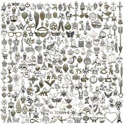 300 Pieces Wholesale Bulk Lots Jewelry Making Charms Mixed Smooth Tibetan Silver Metal Charms Pendants DIY for Necklace Bracelet Jewelry Making and Crafting